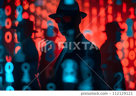 AI-generated content. Cyber crime concept - Silhouettes of spies with digital backgrounds 112129121
