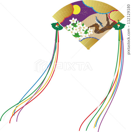 傳統的日本折扇。一幅柏木扇的圖像插圖，上面有一隻鳥和一個女人拿著的滿月的圖片。 112129180