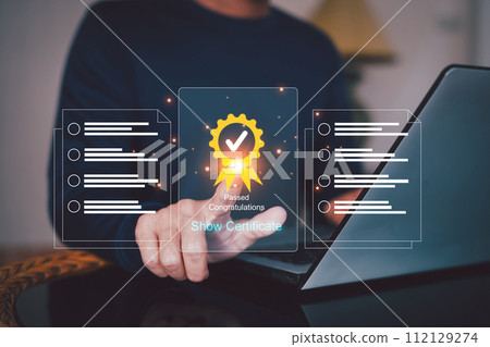 Businessman Take Assessment for certificates, Online digital survey exam Choosing the right answer in the exam, Test questionnaire, Evaluation on internet websites, Filling out an online survey form. 112129274