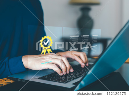 Businessman Take Assessment for certificates, Online digital survey exam Choosing the right answer in the exam, Test questionnaire, Evaluation on internet websites, Filling out an online survey form. Businessman Take Assessment for certificates, Online digital survey exam Choosing the right answer in the exam, Test questionnaire, Evaluation on internet websites, Filling out an online survey form. 112129275