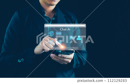 Chatbot Chat with AI concept, Artificial Intelligence. Businessman us technology smart robot AI, Artificial intelligence by command prompt to generate something, Futuristic technology transformation 112129283