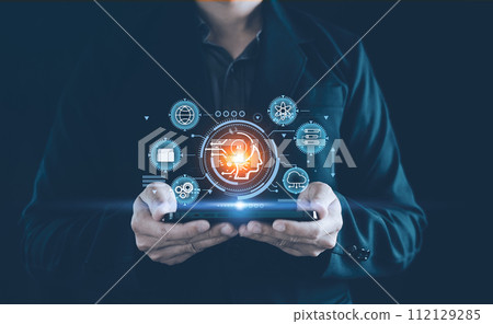 AI tech. Artificial intelligence. Businessman us technology smart robot AI. Chatbot concept. Modern screen digital communication device. New sign, Support service online customers on internet website. 112129285
