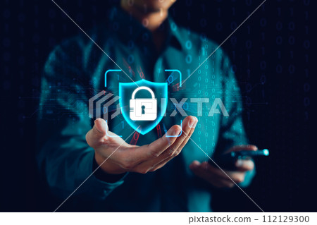 Cybersecurity and privacy concepts to protect data, Businessman protect personal data on smartphone, Digital information, Lock icon and internet network security technology. Virtual screen interfaces. Cybersecurity and privacy concepts to protect data, Businessman protect personal data on smartphone, Digital information, Lock icon and internet network security technology. Virtual screen interfaces. 112129300