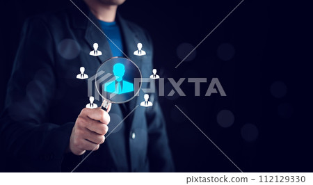 Human Resource Management (HRM), Manager icon on magnifier glass focus to target, Audience, which is among staff icons for human development recruitment leadership and customer target group concept. Human Resource Management (HRM), Manager icon on magnifier glass focus to target, Audience, which is among staff icons for human development recruitment leadership and customer target group concept. 112129330