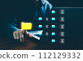 Document Management System DMS, Business processes, pointing folder icon to use technology software for management document, Smart office paperless, Digital document, Online file, Data storage. 112129332