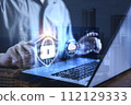 Cybersecurity privacy data protection and encryption concept, Internet network security, Information safety and encryption, Future technology and cybernetics, screen padlock, Password to laptop. 112129333