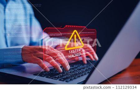 System hacked warning alert, Cyberattack computer network, Cybersecurity, Notification error maintenance, Virus cybercrime, Identity theft, Data breach, Software internet website, Scam phishing,. 112129334
