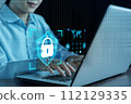 Cybersecurity privacy data protection and encryption concept, Internet network security, Information safety and encryption, Future technology and cybernetics, screen padlock, Password to laptop. 112129335