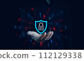 Cybersecurity and privacy concepts to protect data, Businessman protect personal data on smartphone, Digital information, Lock icon and internet network security technology. Virtual screen interfaces. 112129338