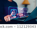 Cybersecurity privacy data protection and encryption concept, Internet network security, Information safety and encryption, Future technology and cybernetics, screen padlock, Password to laptop. 112129343