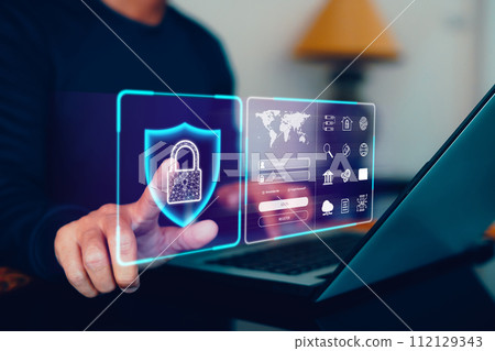 Cybersecurity privacy data protection and encryption concept, Internet network security, Information safety and encryption, Future technology and cybernetics, screen padlock, Password to laptop. 112129343