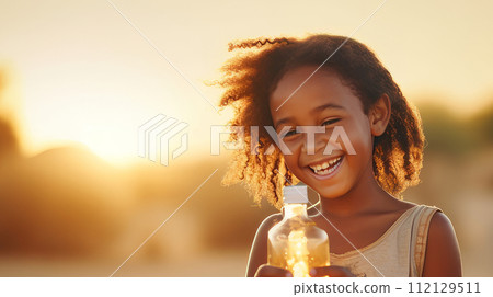 Poor, beggar, hungry smiling dark-skinned child in Africa thirsty to drink water from a plastic bottle. 112129511