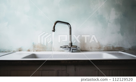 A faucet from which water flows in the kitchen. A faucet from which water flows in the kitchen. 112129520