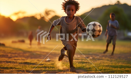 A poor, beggar, talented happy black African boy plays football with a soccer ball in his village. 112129527