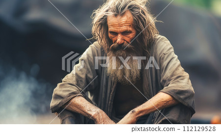 Poor, beggar, hungry dirty old elderly man begging for alms. Poor, beggar, hungry dirty old elderly man begging for alms. 112129528