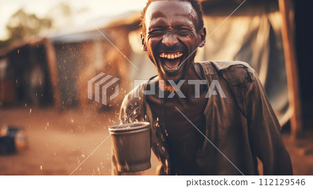 Poor, beggarly, hungry smiling dark-skinned African guy man from Africa, thirsty to drink water. 112129546