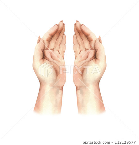 Hands of a white woman, palms top view, handful with long nails of neutral, natural skin color. Hand drawn watercolor illustration. Elements isolated from background. Hands of a white woman, palms top view, handful with long nails of neutral, natural skin color. Hand drawn watercolor illustration. Elements isolated from background. 112129577