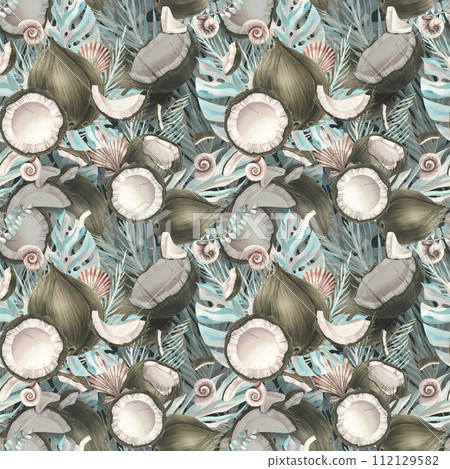 Tropical turquoise leaves with different shapes and pieces of coconut. Watercolor illustration. Seamless pattern from the COCONUT collection. For fabric, textiles, wallpaper, packaging, menus recipes. Tropical turquoise leaves with different shapes and pieces of coconut. Watercolor illustration. Seamless pattern from the COCONUT collection. For fabric, textiles, wallpaper, packaging, menus recipes. 112129582