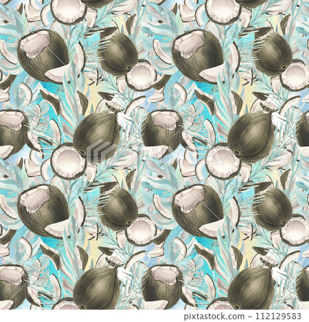 Tropical turquoise leaves with different shapes and pieces of coconut. Watercolor illustration. Seamless pattern from the COCONUT collection. For fabric, textiles, wallpaper, packaging, menus recipes. Tropical turquoise leaves with different shapes and pieces of coconut. Watercolor illustration. Seamless pattern from the COCONUT collection. For fabric, textiles, wallpaper, packaging, menus recipes. 112129583