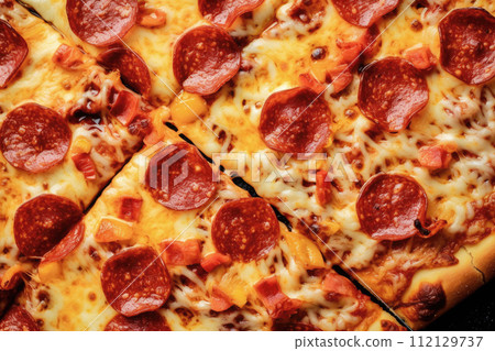 AI-generated content. Top view of pepperoni pizza background, close up. 112129737