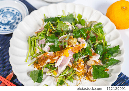 日式沙拉配調味蔬菜和雞肉塔塔基 112129991