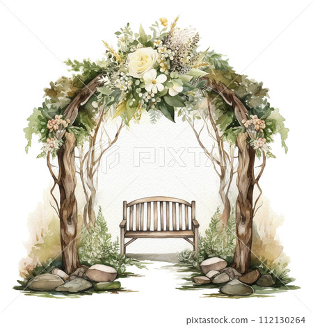 Watercolor wedding arch scene. Hand drawn isolated wood archway with flowers and bouquets on stumps. Wedding ceremony design sketch, rustic decor for invitation 112130264