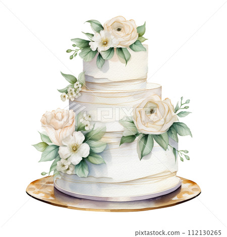 Watercolor Wedding Cake with Cream Roses and Green Leaves. Perfect Illustration for Wedding or Greeting Cards Watercolor Wedding Cake with Cream Roses and Green Leaves. Perfect Illustration for Wedding or Greeting Cards 112130265