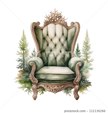 Elegance vintage chair with forest floral decoration. Watercolor style illustration on a white background. 112130266