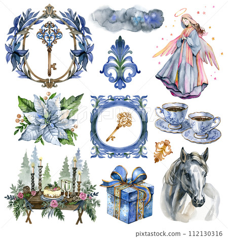 Watercolor collection of Vintage Christmas items, hand drawn isolated on a white background Watercolor collection of Vintage Christmas items, hand drawn isolated on a white background 112130316