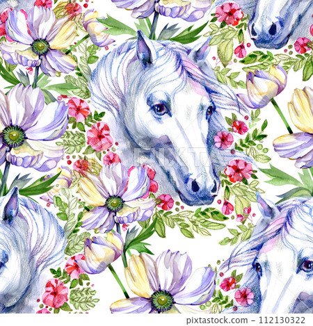 White horses with flowers watercolor pattern seamless background 112130322