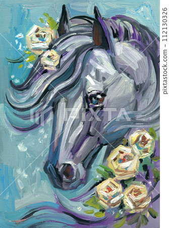 Horse with flowers oil painting art. White roses, leaves. Animal prints, horse paint on paper. Gray horse on blue background. 112130326