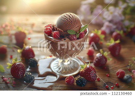 Chocolate ice cream adorned with fresh raspberries and blueberries, basking in the warm glow of a summer sunset. Generative AI. 112130460