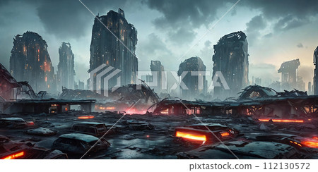 Ruins of a Futuristic Society. Futuristic buildings in ruins 112130572
