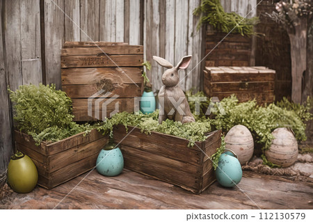 Rustic Easter Charm. A rustic vignette featuring weathered wooden crates 112130579