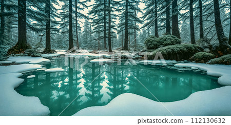 Frozen Fairy Pond. In the heart of a snow-covered forest, a pond lies frozen. 112130632