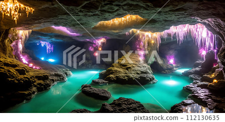Glowing Caverns. An underground wonderland, a cavern adorned with luminescent crystals. 112130635