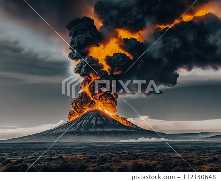 The dramatic eruption of a volcano, emphasizing the fiery lava The dramatic eruption of a volcano, emphasizing the fiery lava 112130648
