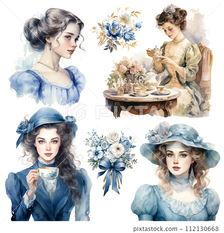 classic historical vintage ladies tea time in 1910, watercolor painting illustration 112130668