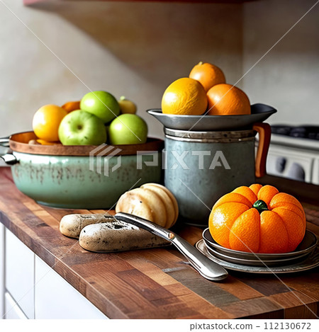 Kitchen Creations. A beautifully styled image of a rustic kitchen counter with fresh fruits 112130672