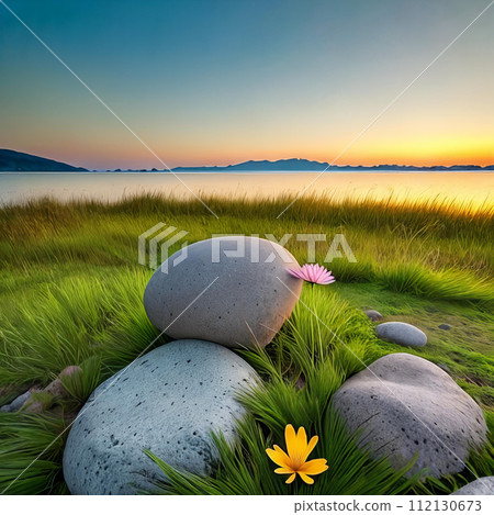 Inspirational Nature. A serene landscape photograph of a peaceful meadow at sunrise with a single flower 112130673