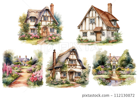 A traditional English cottage surrounded by a flower garden and garden, painted with watercolors on tourist design paper. A traditional English cottage surrounded by a flower garden and garden, painted with watercolors on tourist design paper. 112130872