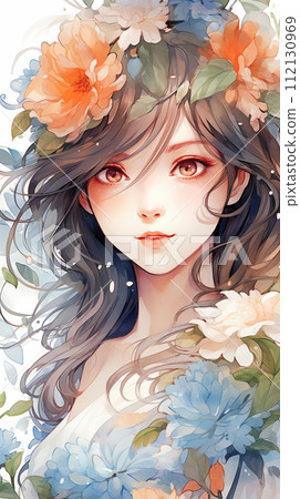 手绘漂亮的花丛中的少女水彩插画 112130969