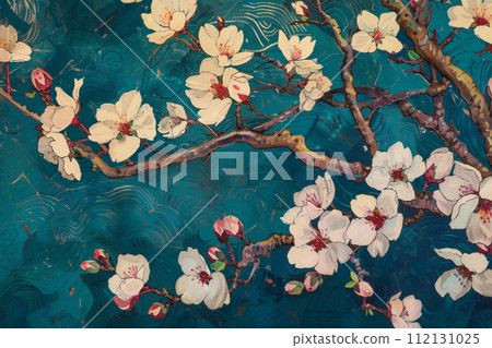 [AI generated image/AI illustration] Blue background and cherry blossoms 112131025