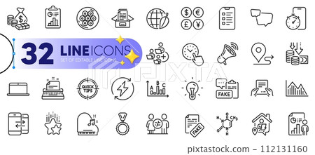 Outline set of Megaphone, Timer app and Report line icons for web with Ranking stars, Cable section, Add team thin icon. Documents box, Time management, Journey pictogram icon. Vector 112131160