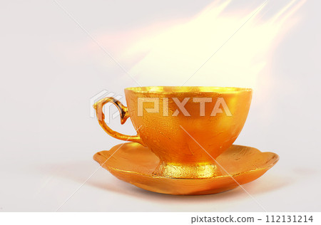 A golden tea cup with a saucer with a yellow magical glow on a pink background. A golden tea cup with a saucer with a yellow magical glow on a pink background. 112131214