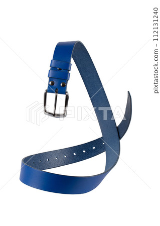 The blue leather belt with a metal buckle is beautifully curved and isolated on a white background. 112131240