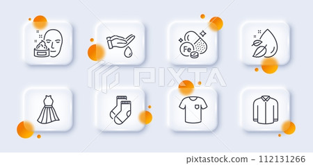 Socks, Dress and Water drop line icons pack. 3d glass buttons with blurred circles. Shirt, Iron, Face cream web icon. T-shirt, Wash hands pictogram. For web app, printing. Vector Socks, Dress and Water drop line icons pack. 3d glass buttons with blurred circles. Shirt, Iron, Face cream web icon. T-shirt, Wash hands pictogram. For web app, printing. Vector 112131266