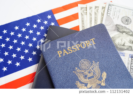 US passport with USA dollar money, American citizen in United States of America. US passport with USA dollar money, American citizen in United States of America. 112131402
