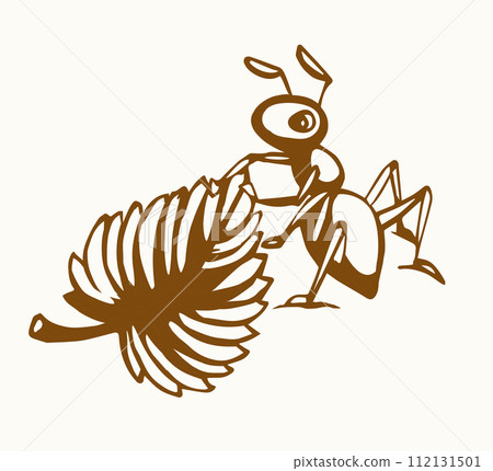 The ant is pulling a leaf. Vector drawing The ant is pulling a leaf. Vector drawing 112131501