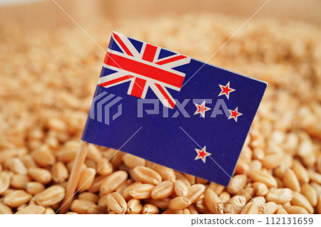 New Zealand flag on grain wheat, trade export and economy concept. 112131659